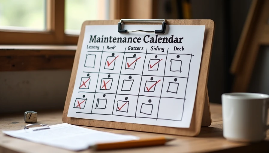 Handwritten seasonal exterior maintenance calendar on clipboard.