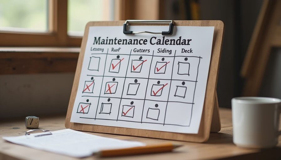 Handwritten seasonal exterior maintenance calendar on clipboard.
