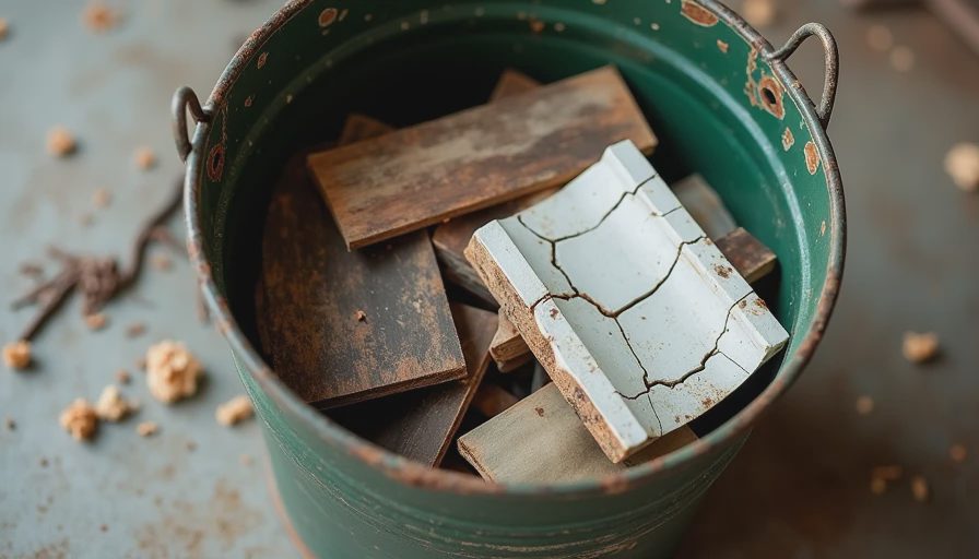 Old green mistake bucket filled with failed building materials and repair samples from real job sites.