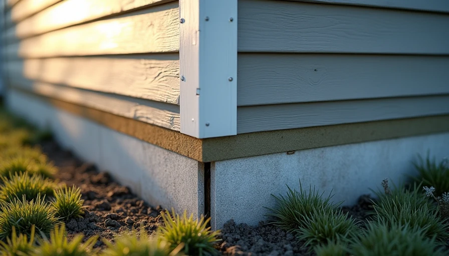 Close-up of properly installed bottom course of fiber cement siding with flashing and ground clearance details.