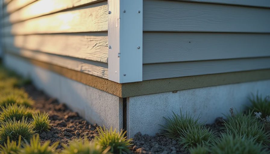 Close-up of properly installed bottom course of fiber cement siding with flashing and ground clearance details.