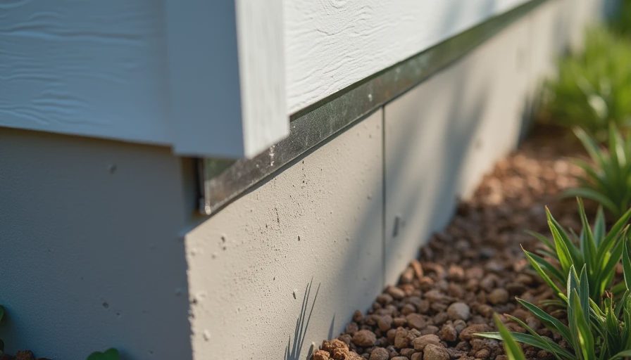 Properly installed bottom course of fiber cement siding with flashing and ground clearance.