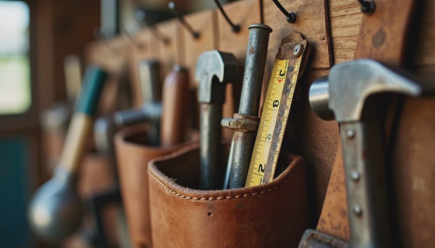 Worn contractor tool belt hanging in a garage, representing years of experience.